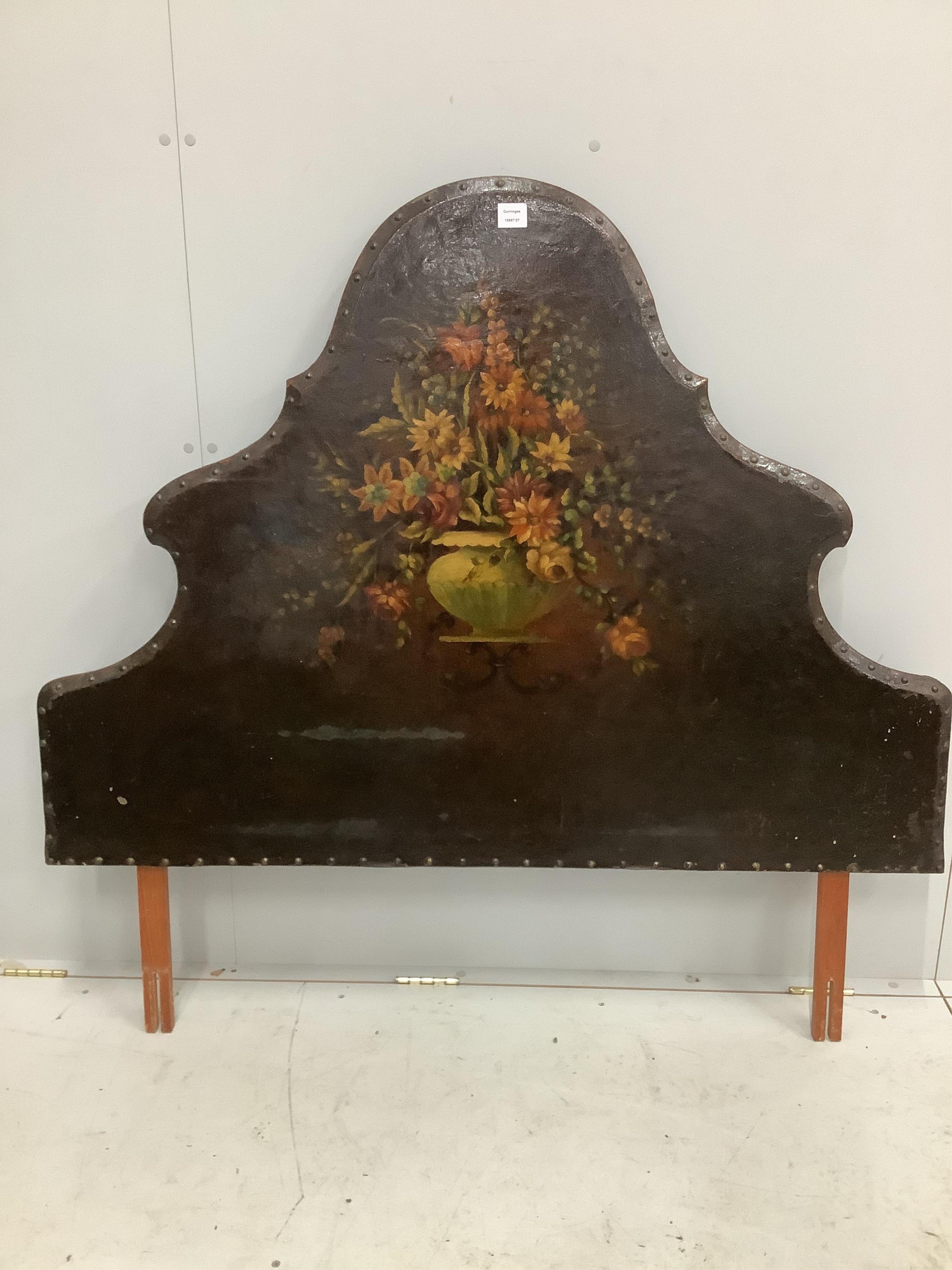 A painted leather mounted beech headboard, width 136cm, height 132cm. Condition - fair